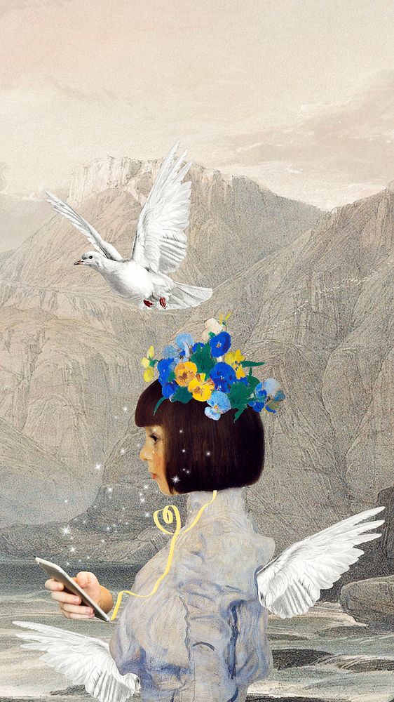 Angel mixed media iPhone wallpaper, Gustav klimt's artwork remixed by rawpixel