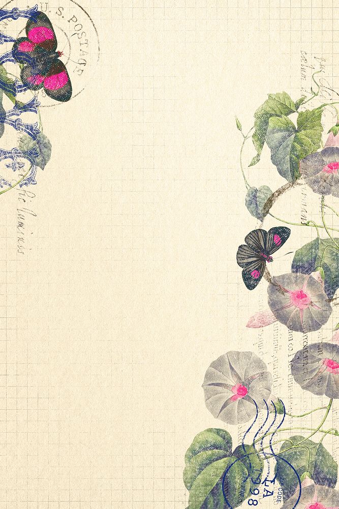 Flowers and butterflies background, ephemera illustration psd