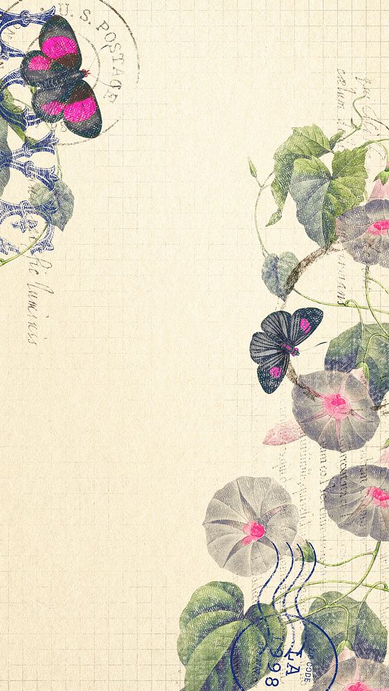 Flowers and butterflies iPhone wallpaper, ephemera background