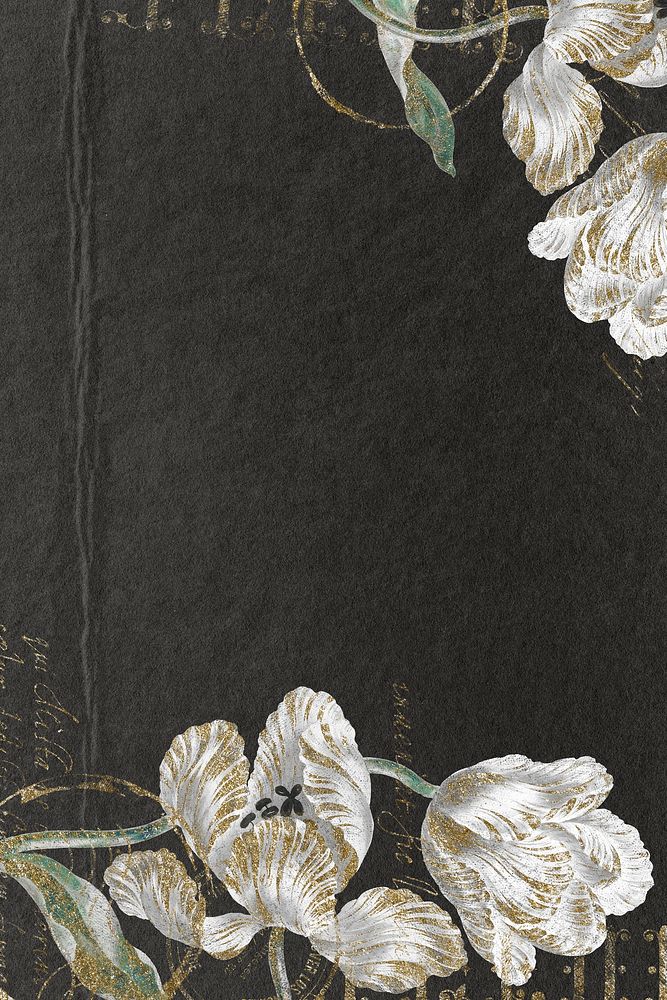 Ephemera white flower on black background, vintage illustration psd