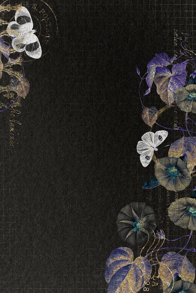 Flowers and butterflies on black background, aesthetic illustration