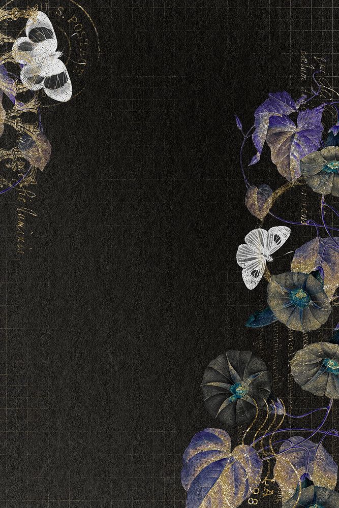 Flowers and butterflies on black background, aesthetic illustration psd