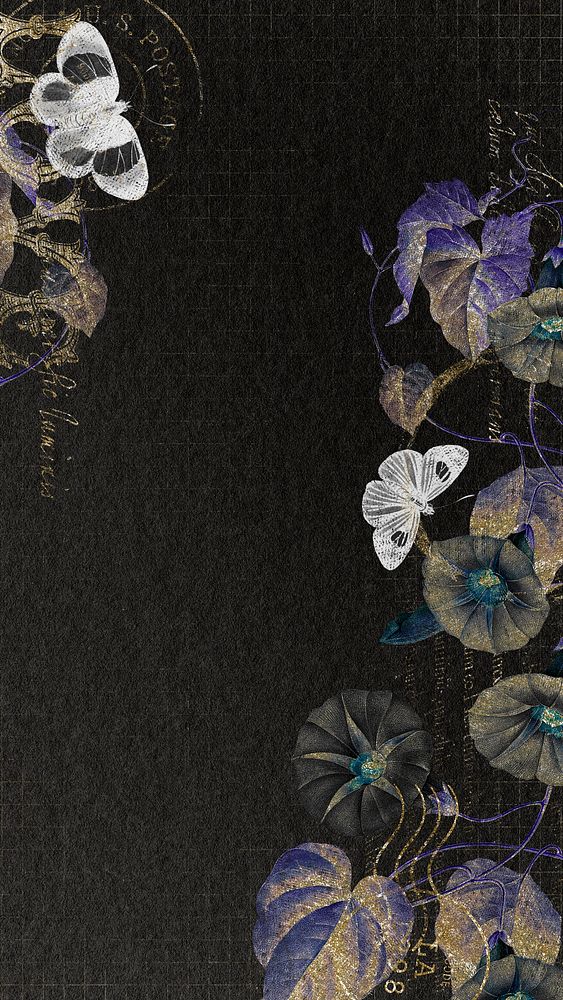 Flowers and butterflies phone wallpaper, black ephemera background
