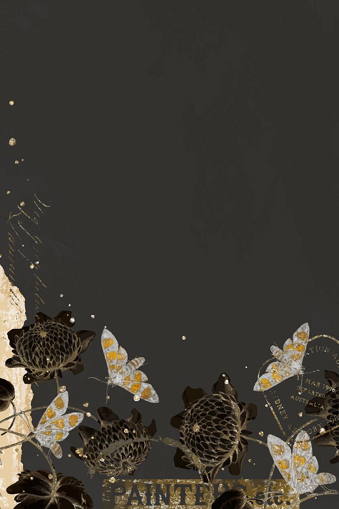 Flowers and butterflies on black background, aesthetic illustration vector