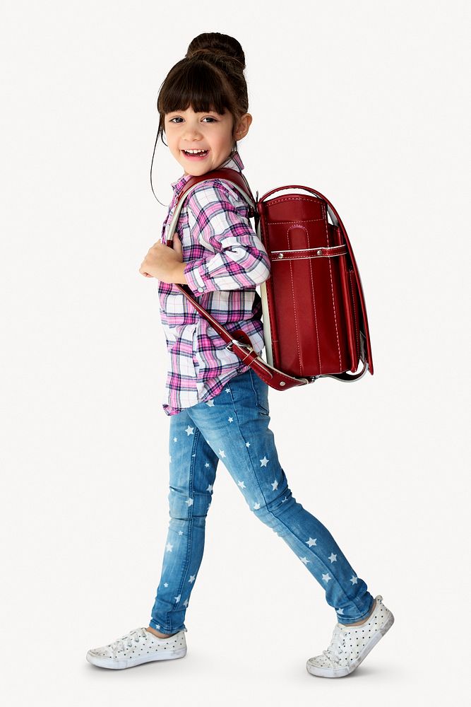 Girl with backpack, isolated on off white