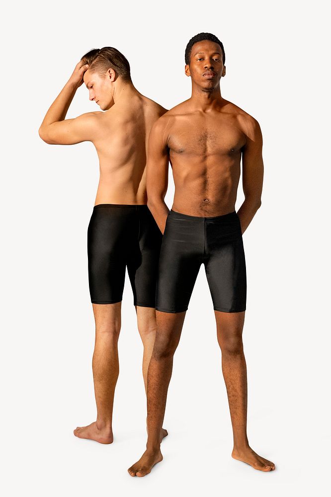 Men in swimwear, isolated on off white