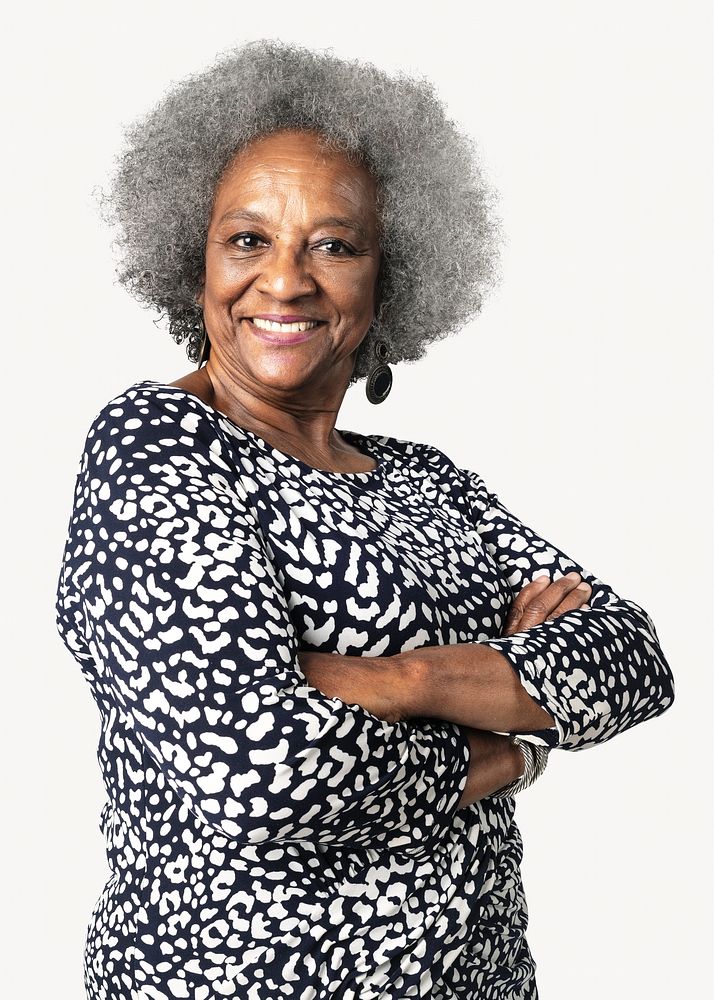 Senior African American woman, isolated on off white