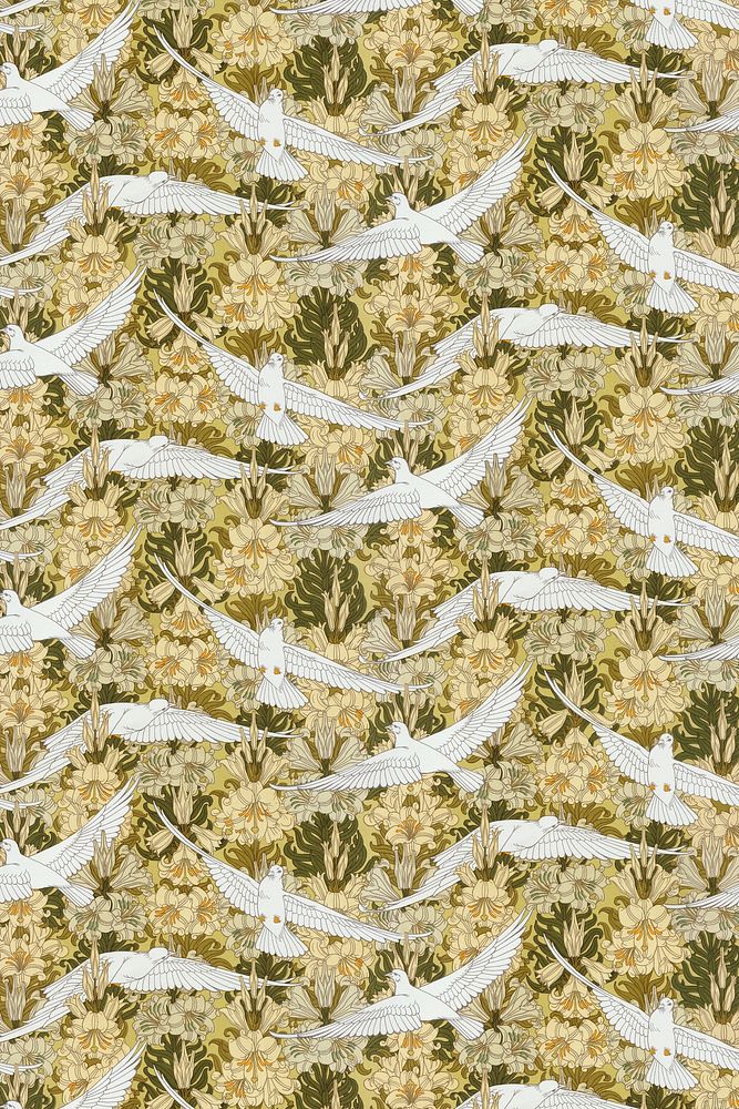 Flying doves pattern background, vintage animal, Maurice Pillard Verneuil artwork remixed by rawpixel