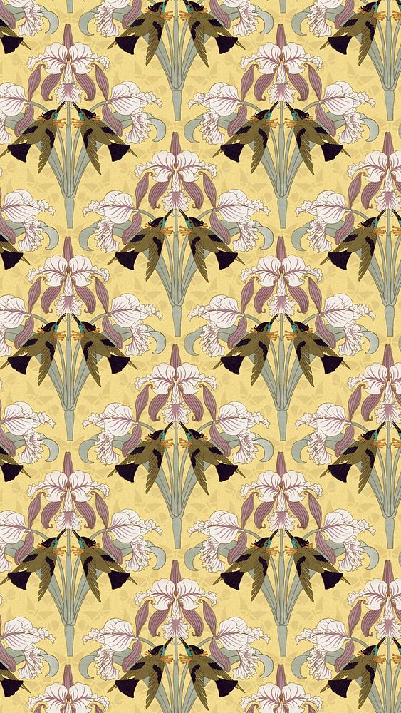 Bird, flower pattern mobile wallpaper, vintage nature background, Maurice Pillard Verneuil artwork remixed by rawpixel