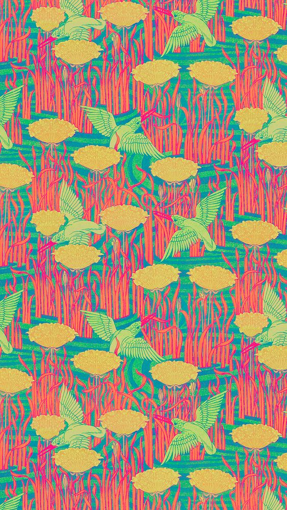Birds, flower pattern iPhone wallpaper, colorful nature background, Maurice Pillard Verneuil artwork remixed by rawpixel