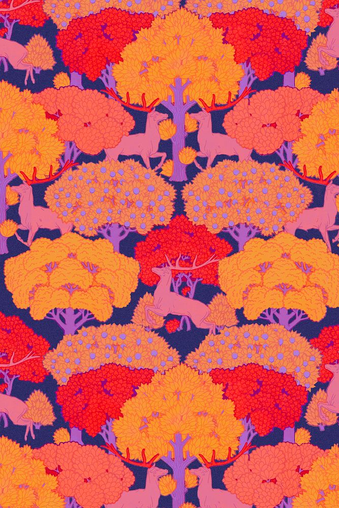 Colorful forest pattern background, vintage animal, Maurice Pillard Verneuil artwork remixed by rawpixel