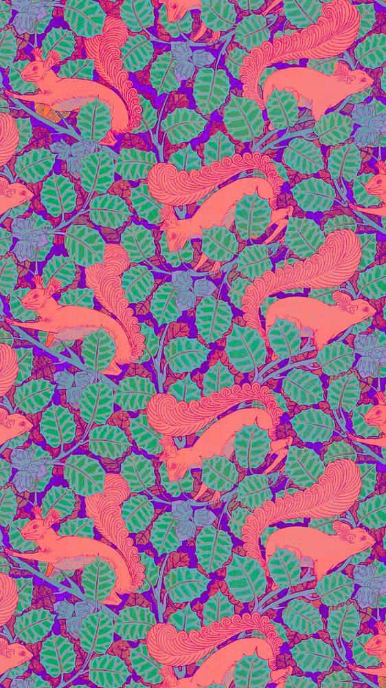 Colorful squirrel pattern iPhone wallpaper, vintage animal, Maurice Pillard Verneuil artwork remixed by rawpixel