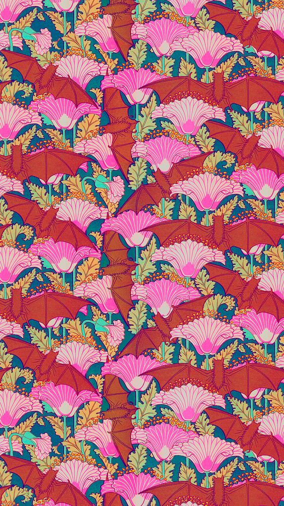 Colorful bats pattern iPhone wallpaper, vintage animal, Maurice Pillard Verneuil artwork remixed by rawpixel