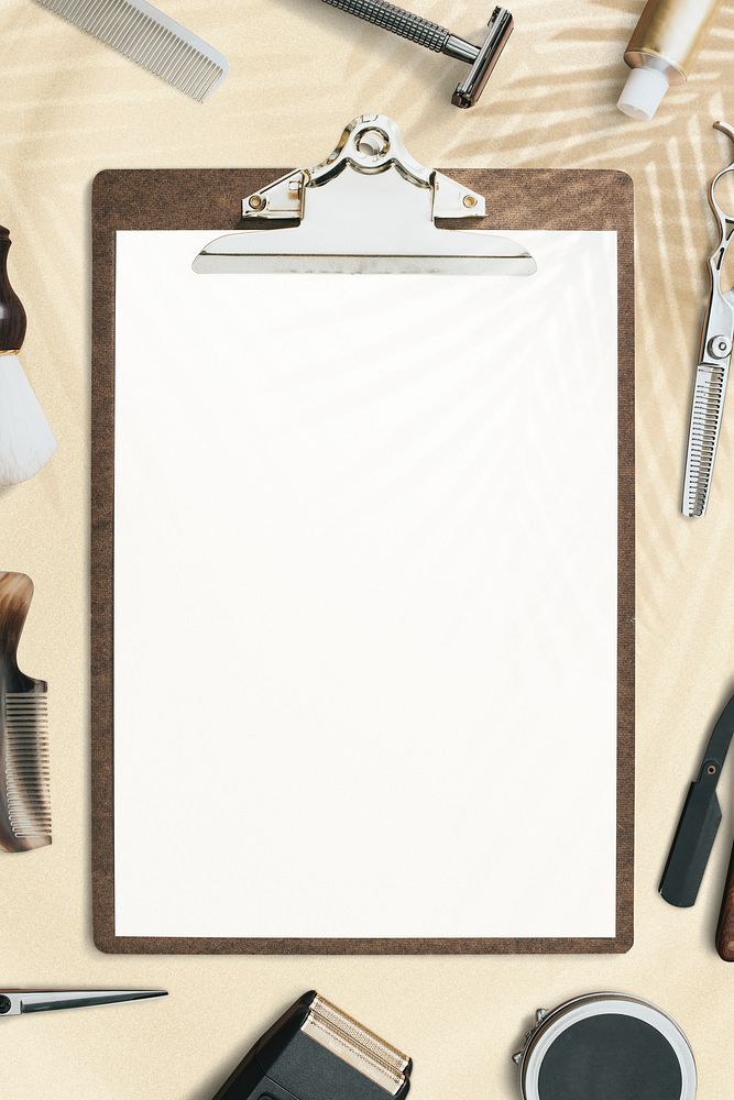 Blank paper clipboard flat lay with barber tools job and career concept