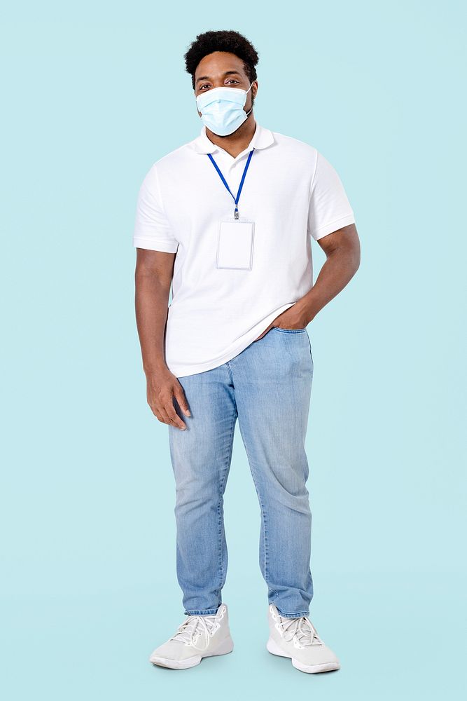 African man volunteer wearing face mask in the new normal full body