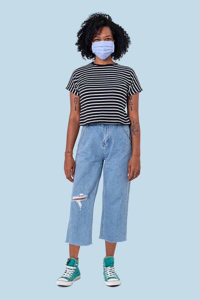African woman mockup psd wearing face mask in the new normal full body
