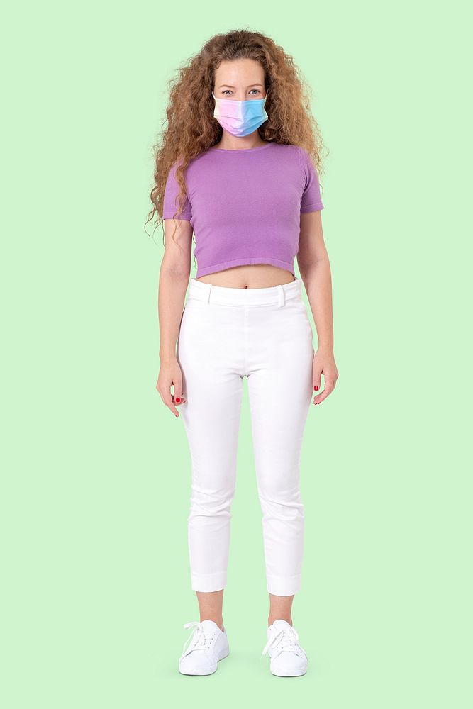European woman mockup psd wearing face mask in the new normal