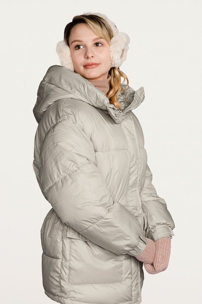 Blonde woman in white down jacket, winter outfit 