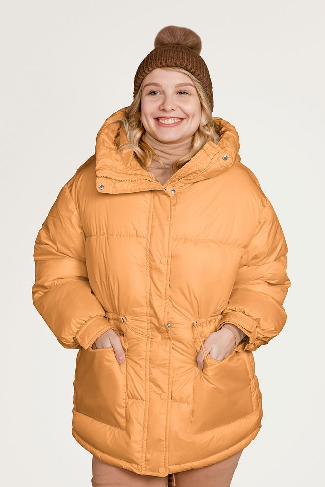 Winter down jacket mockup, women's apparel psd