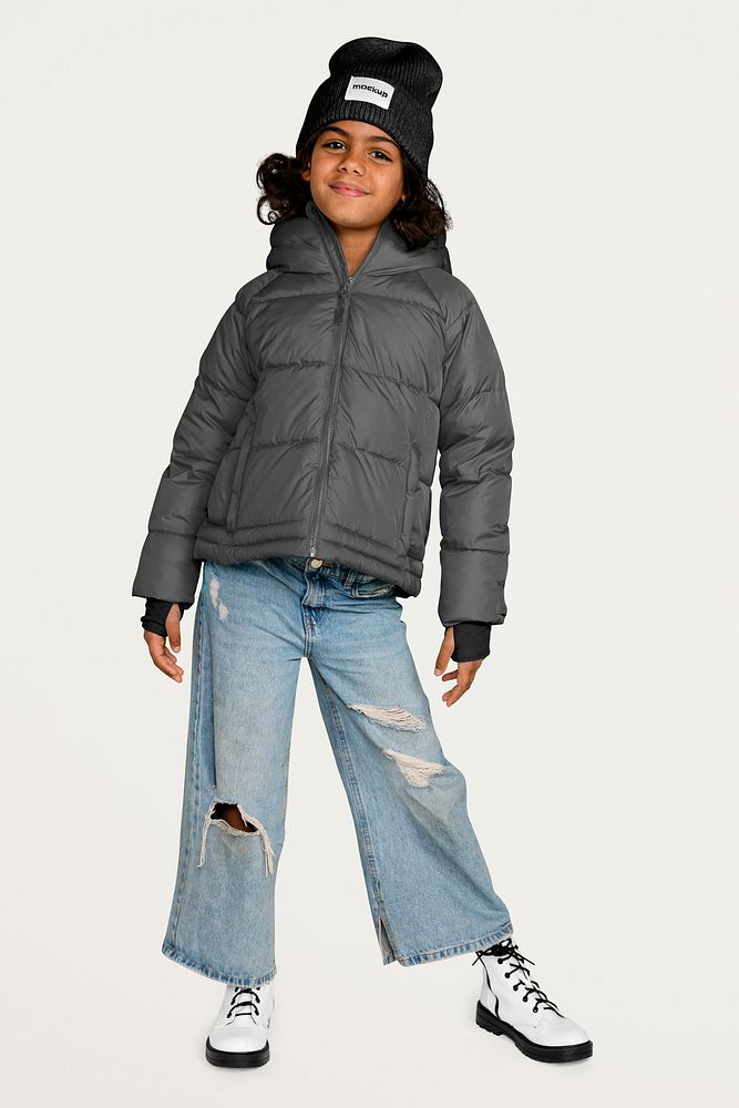 Kid's winter jacket mockup & beanie, psd