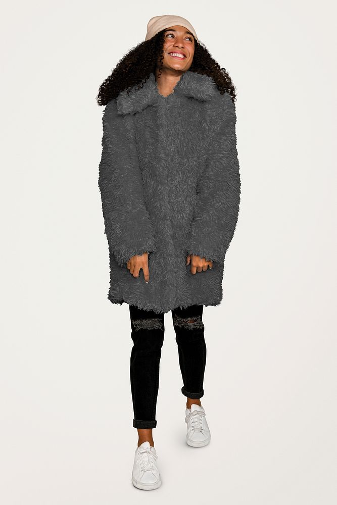 Woman wearing a warm teddy coat