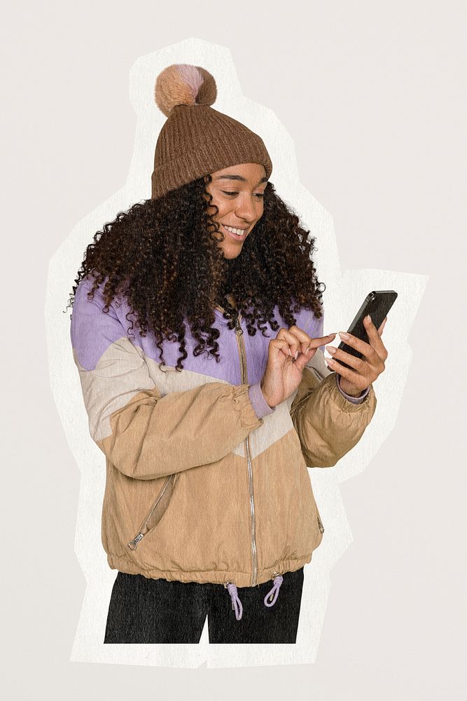 Happy woman with mobile phone, paper texture cut out
