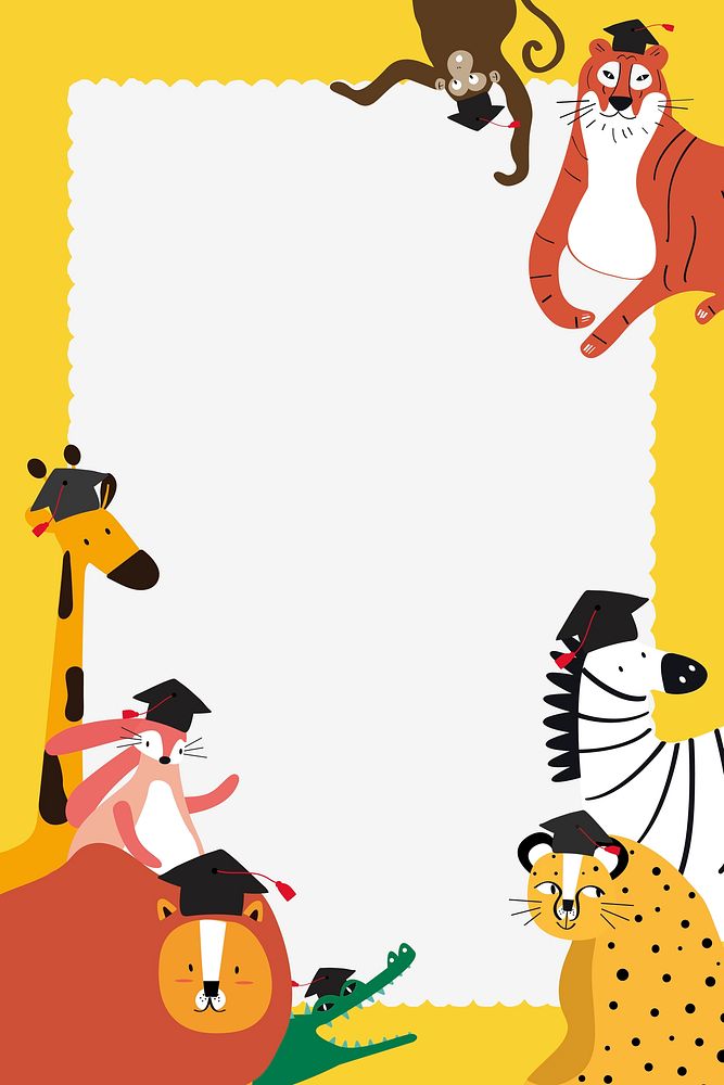 Doodle safari frame vector in yellow with cute animals for kids