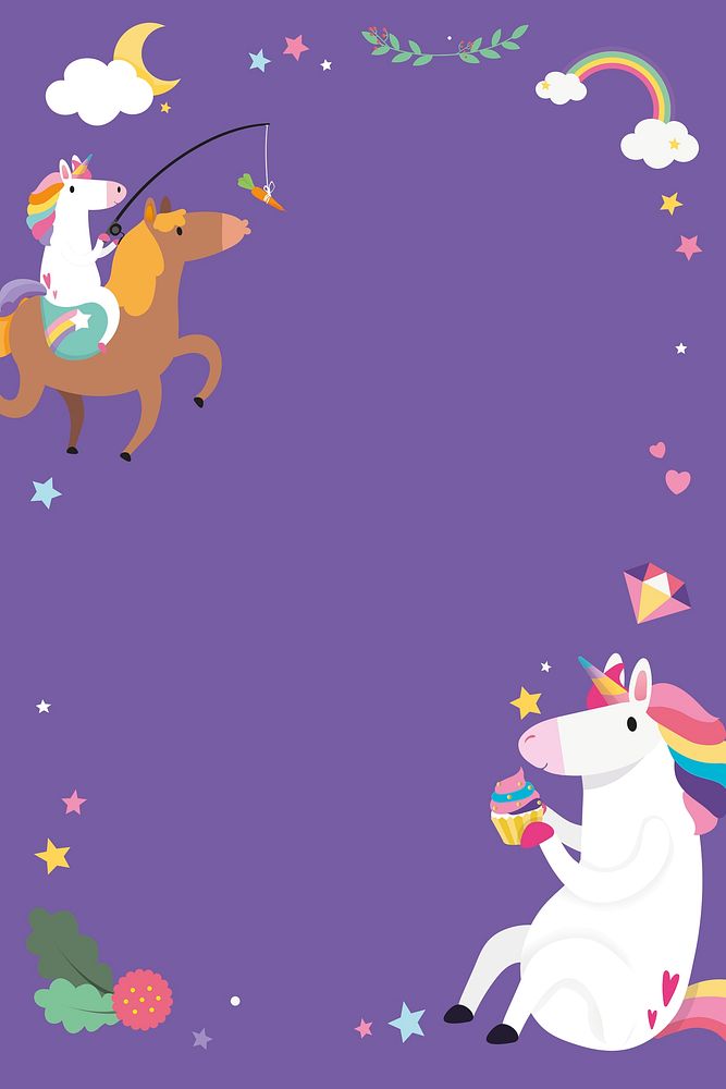 Cute unicorn frame psd on purple background for kids