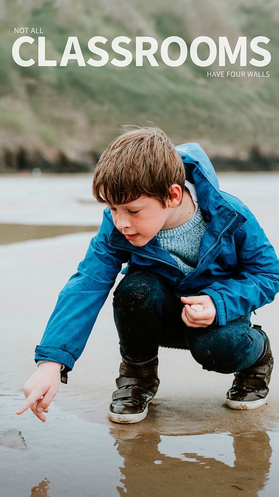 Little boy pointing at jellyfish at the beach with not all classrooms have four walls text