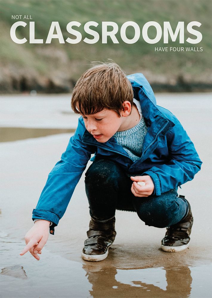 Little boy pointing at jellyfish at the beach with not all classrooms have four walls text