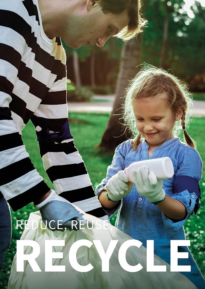 Girl sorting garbage with reduce, reuse and recycle text for environment poster