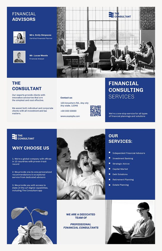 Financial advisor brochure template, business consulting service, blue design psd