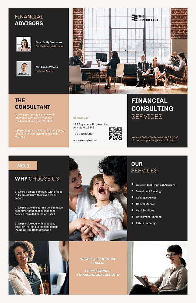 Financial advisor brochure template, business consulting service, beige design psd