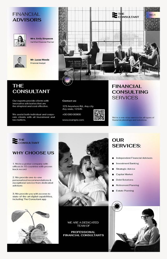 Financial advisor brochure template, business consulting service, purple gradient design psd