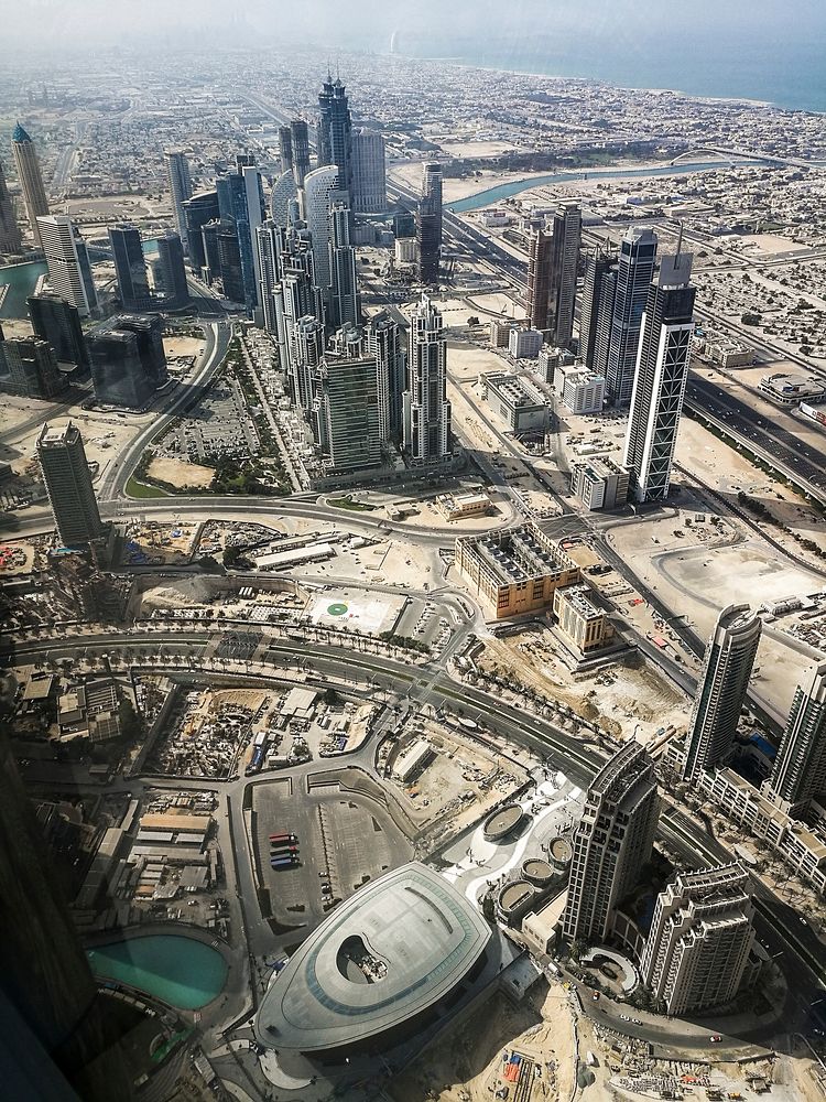 View from the Burj Khalifa on the skyline of Dubai. Original public domain image from Wikimedia Commons