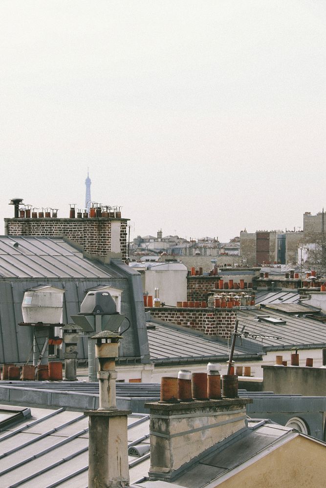 View of rooftops in Paris with brown chimneys. Original public domain image from Wikimedia Commons