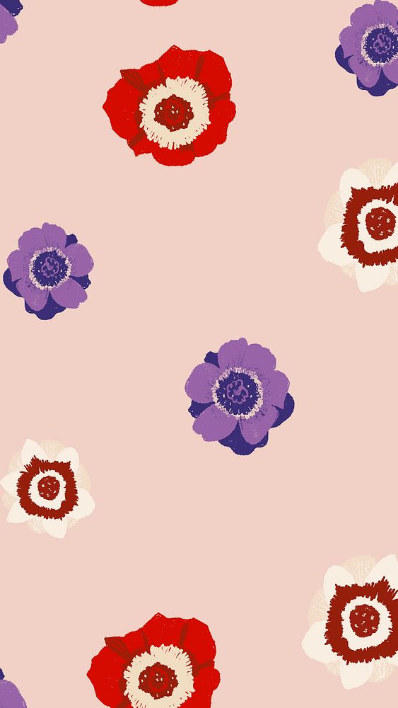 Colorful anemone floral pattern vector on nude pink mobile wallpaper
