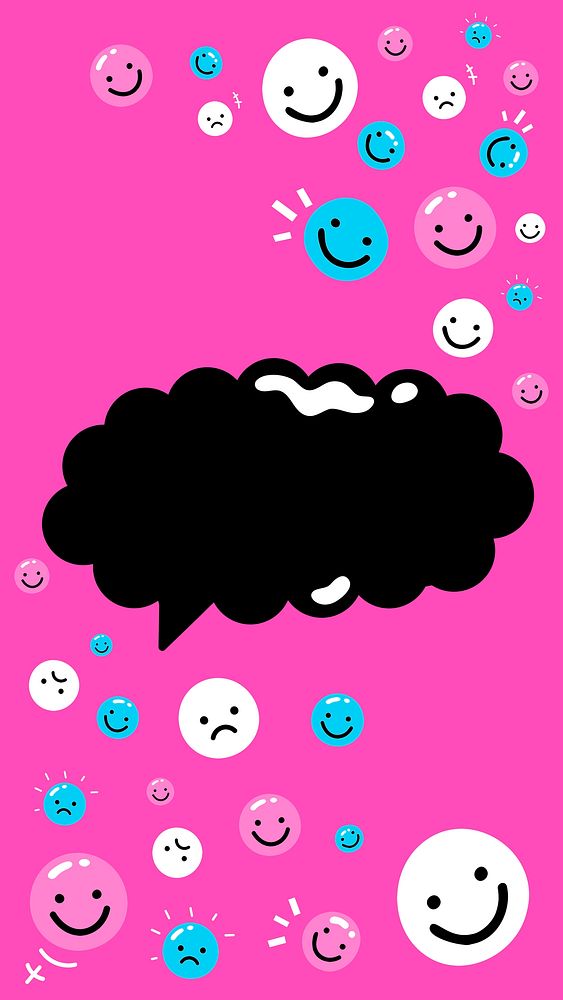 Black speech bubble psd on pink background with emoticons