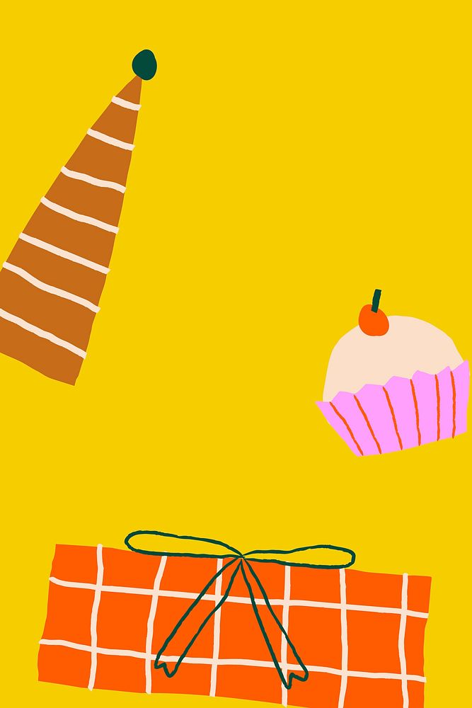 Yellow birthday gifts background psd in cute doodle style