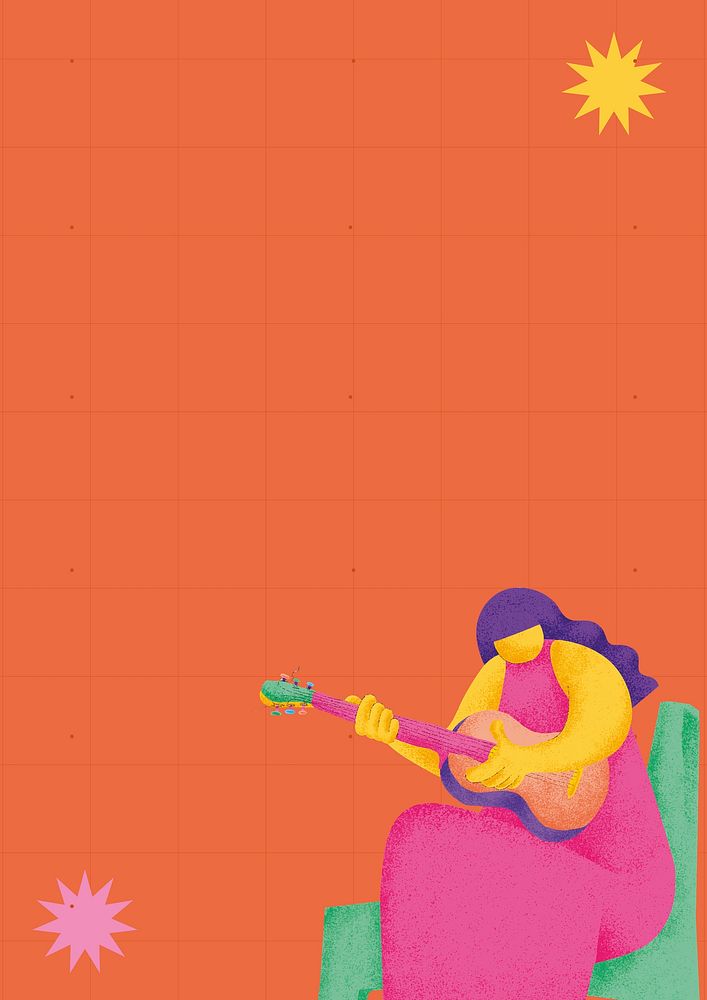 Orange musical background vector with guitarist musician flat graphic