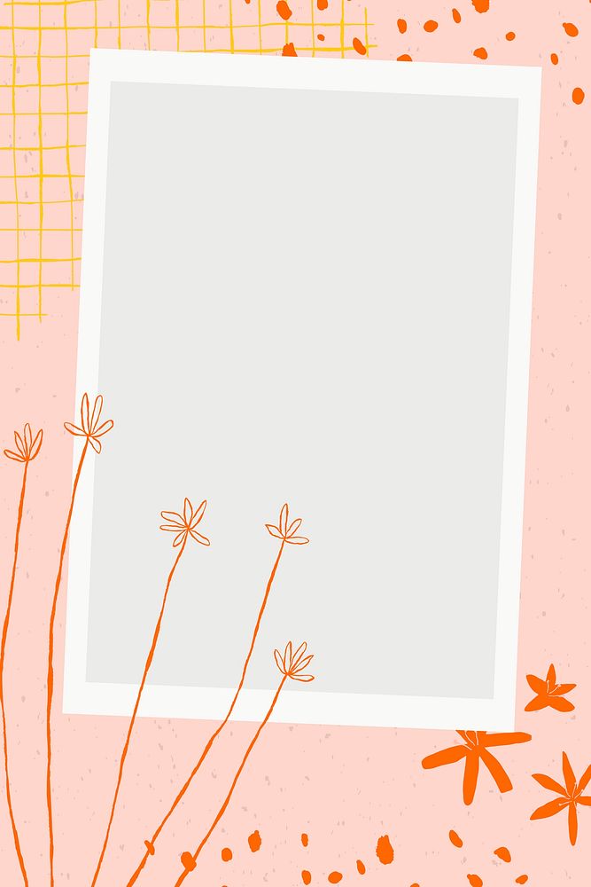 Floral picture frame psd with flower doodles on pink aesthetic background