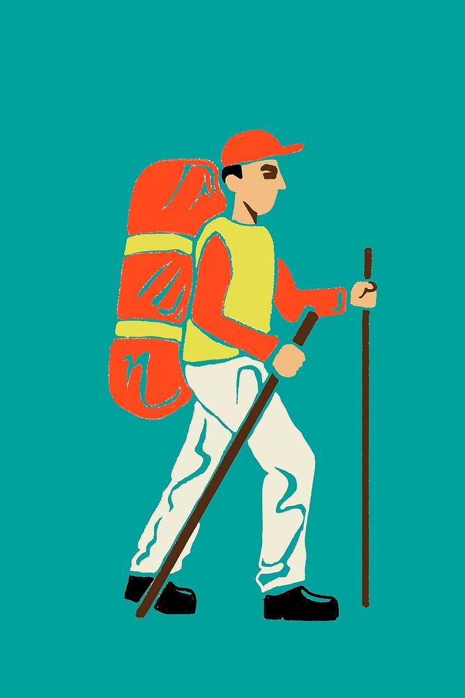 Hiking man cartoon sticker vector in traveling theme