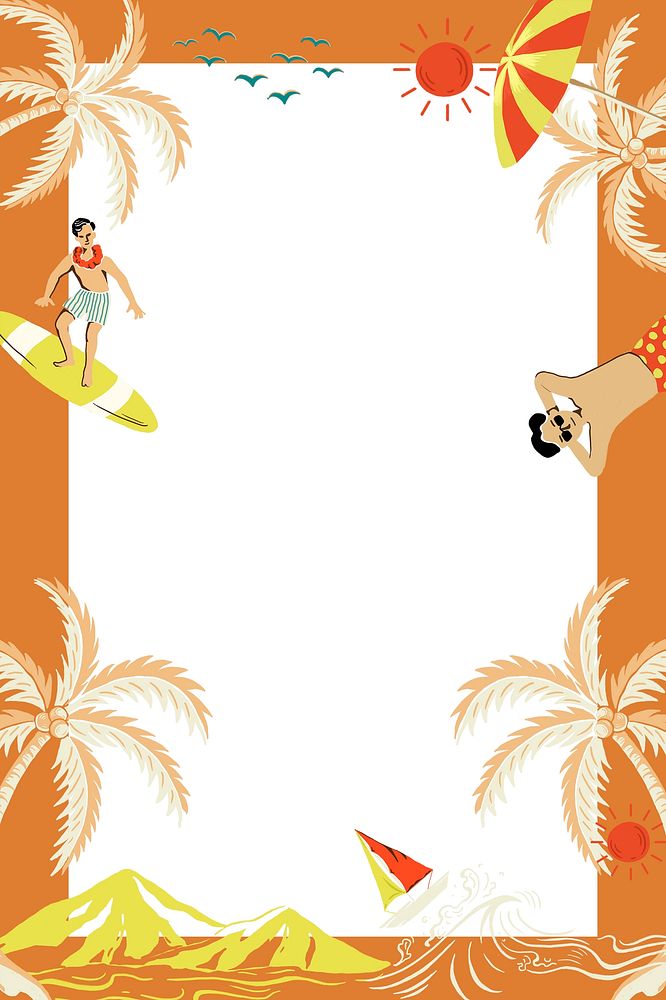 Tropical island orange frame psd in rectangle shape with tourist cartoon illustration