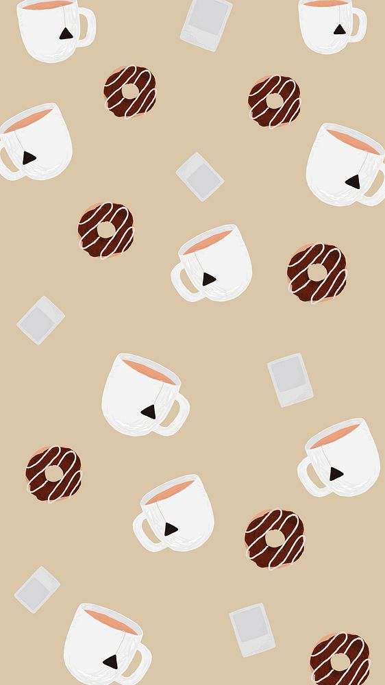 Tea cup patterned background vector with chocolate donut cute hand drawn style
