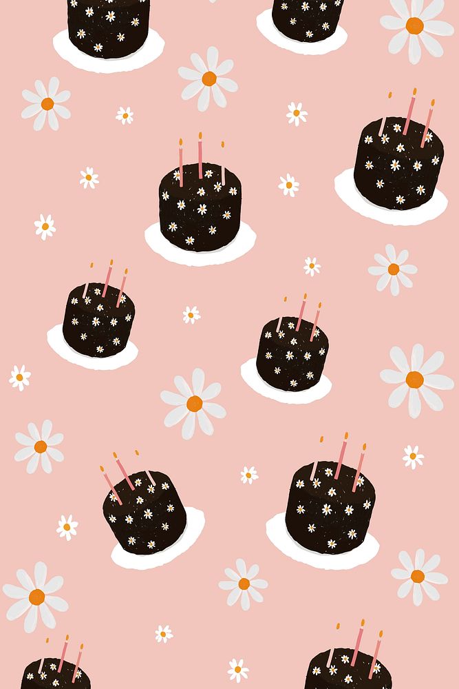Birthday cake patterned background vector with daisy flowers cute hand drawn style
