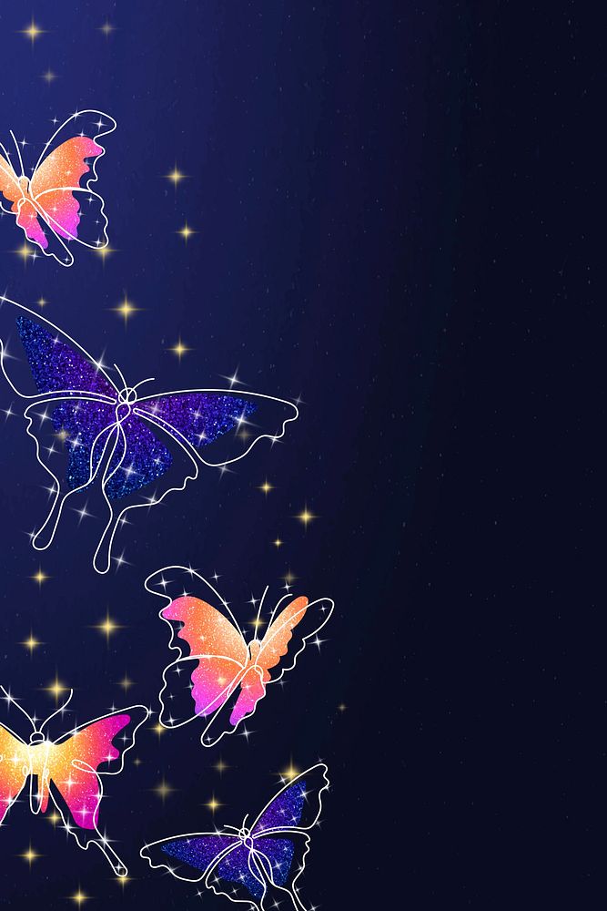 Sparkly butterfly background, aesthetic violet border, vector animal illustration