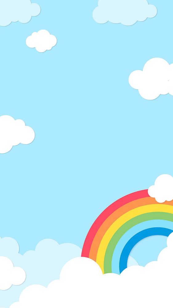 Rainbow iPhone wallpaper, cute mobile background with light blue paper cut illustration vector
