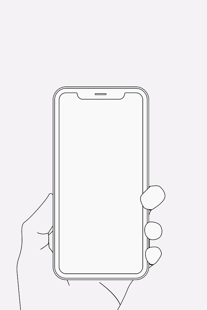 Mobile phone outline, blank screen, held by hand, digital device psd illustration
