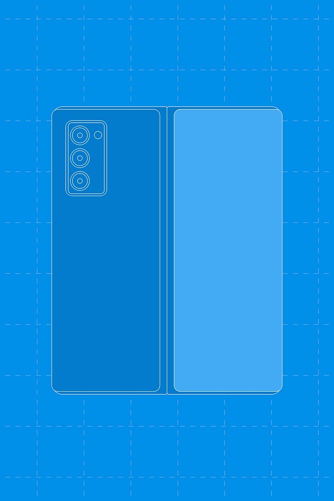 Blue foldable phone, rear camera, flip phone psd illustration