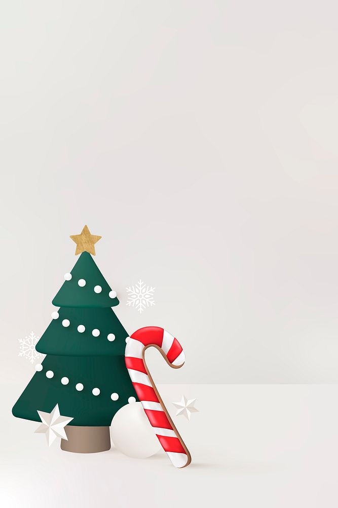 Winter holidays background, 3D Christmas tree and candy cane
